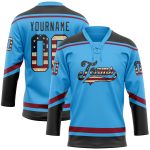 Personalized Vintage USA Flag Hockey Jersey Custom Name Number Sky Blue Black Maroon Lace Neck Personalized Sky Blue Vintage