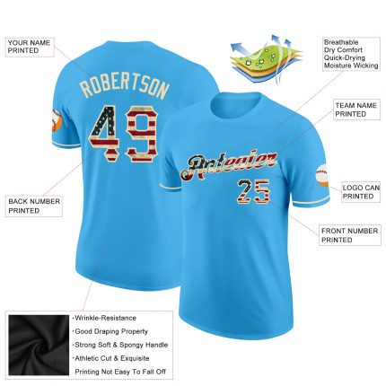 Customizable Vintage USA Flag T-Shirt - Sky Blue Cream Team Name & Number Performance Shirt Personalized Sky Blue Vintage