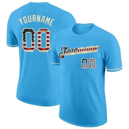 Customizable Vintage USA Flag T-Shirt - Sky Blue Cream Team Name & Number Performance Shirt Personalized Sky Blue Vintage