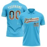 Personalized Vintage USA Flag Golf Polo Shirt-Cream Performance Vapor with Custom Name and Number, Sky Blue Personalized