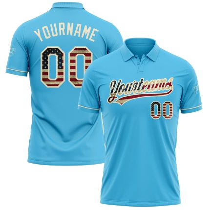 Personalized Vintage USA Flag Golf Polo Shirt-Cream Performance Vapor with Custom Name and Number, Sky Blue Personalized