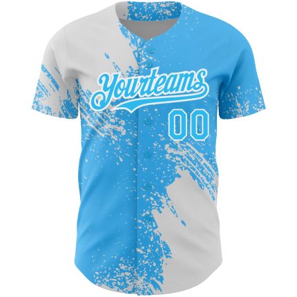 Custom 3D Abstract Brush Stroke Baseball Jersey with Personalized Name and Number in Sky Blue and White Personalized Sky