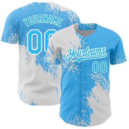 Custom 3D Abstract Brush Stroke Baseball Jersey with Personalized Name and Number in Sky Blue and White Personalized Sky