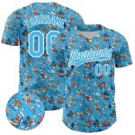 Custom Name Number Baseball Jersey with 3D Animal Bear Hawaii Palm Trees Design in Sky Blue and White Personalized Sky Blue