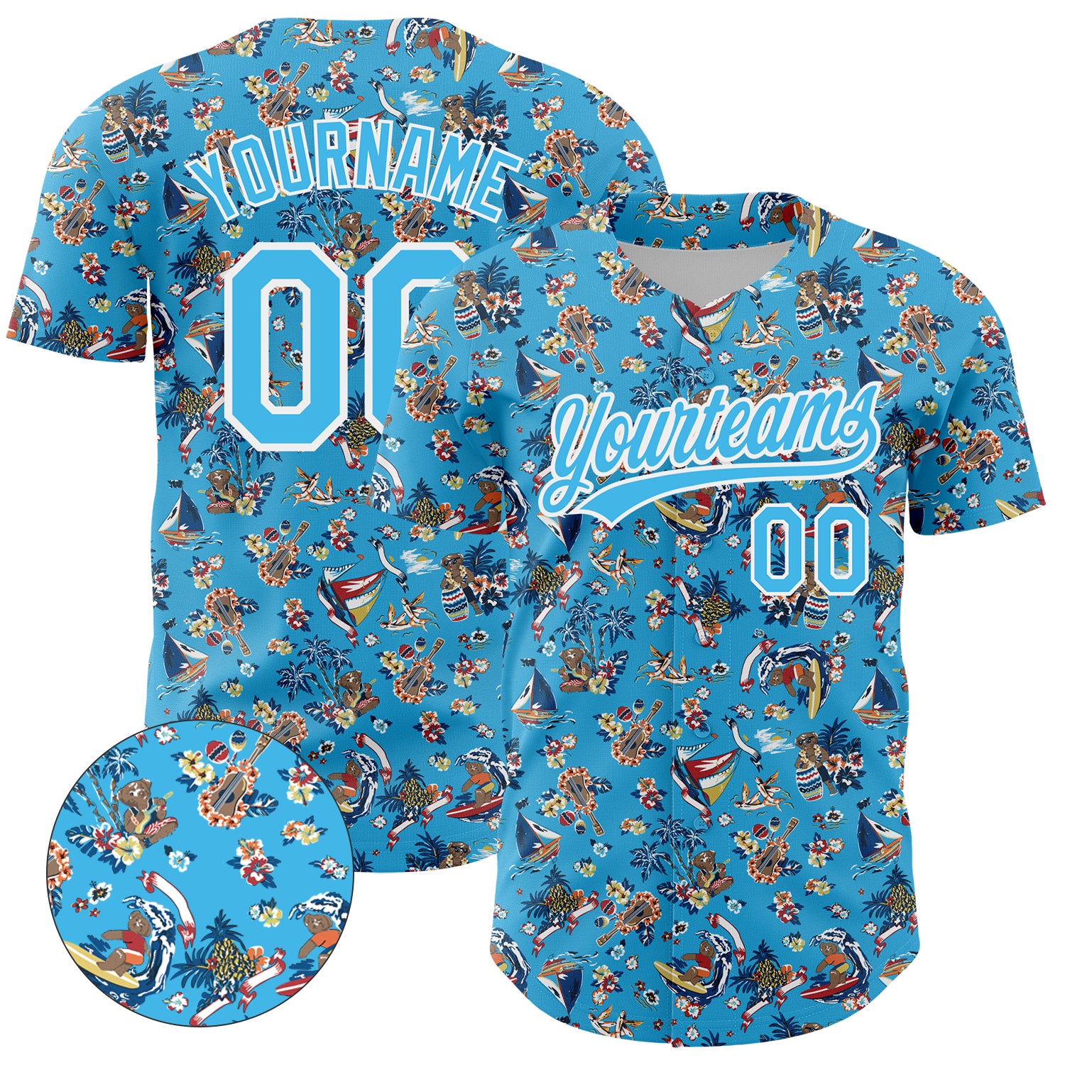 Custom Name Number Baseball Jersey with 3D Animal Bear Hawaii Palm Trees Design in Sky Blue and White Personalized Sky Blue