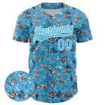 Custom Name Number Baseball Jersey with 3D Animal Bear Hawaii Palm Trees Design in Sky Blue and White Personalized Sky Blue