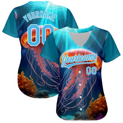 Custom Name and Number Baseball Jersey with 3D Jellyfish Ocean Design - Personalized Sky Blue and White Pattern Personalized