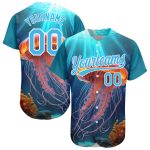 Custom Name and Number Baseball Jersey with 3D Jellyfish Ocean Design - Personalized Sky Blue and White Pattern Personalized
