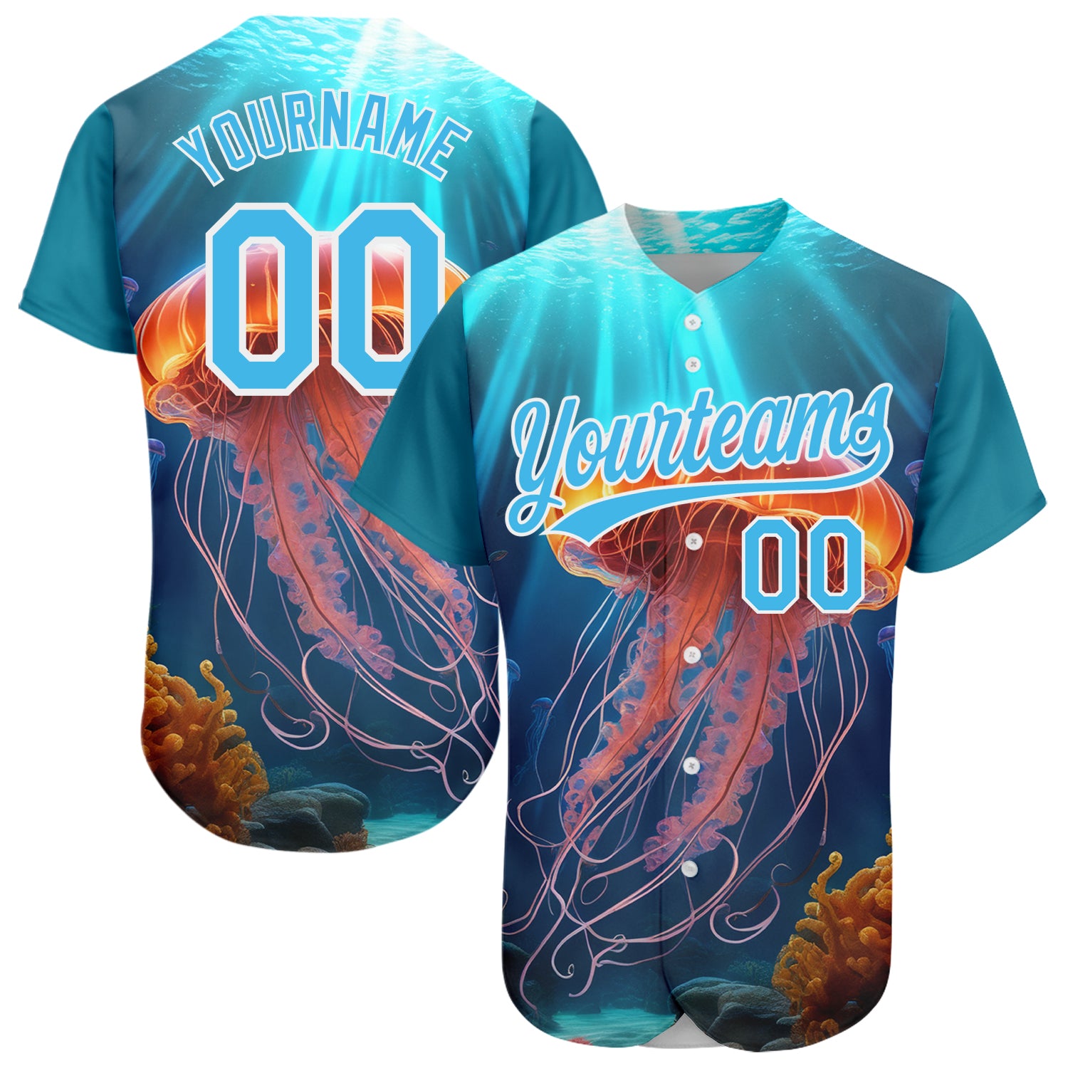 Custom Name and Number Baseball Jersey with 3D Jellyfish Ocean Design - Personalized Sky Blue and White Pattern Personalized