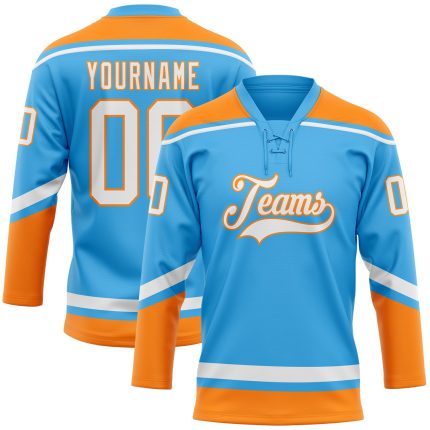 Custom Name and Number Hockey Jersey - Personalized Sky Blue White-Bay Orange Lace Neck Team Jersey Personalized Sky Blue