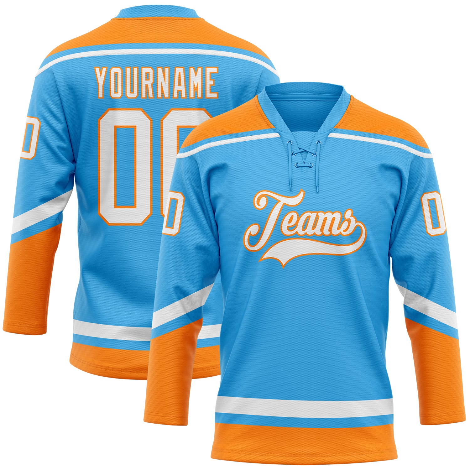 Custom Name and Number Hockey Jersey - Personalized Sky Blue White-Bay Orange Lace Neck Team Jersey Personalized Sky Blue