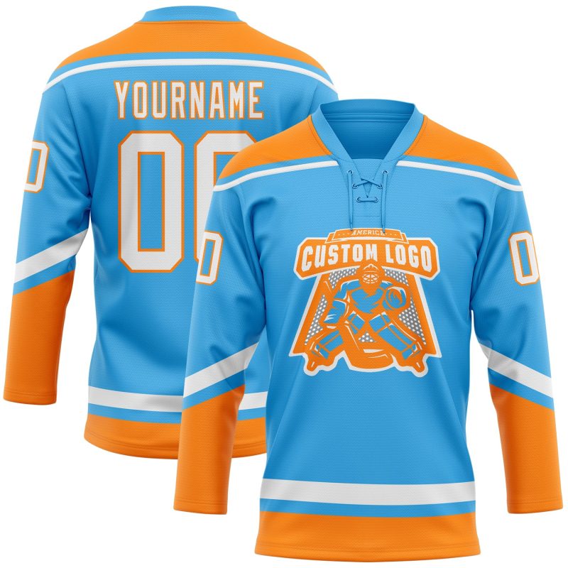 Custom Name and Number Hockey Jersey - Personalized Sky Blue White-Bay Orange Lace Neck Team Jersey Personalized Sky Blue