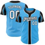 Custom Baseball Jersey with Personalized Name and Number, Sky Blue White-Black, 3 Colors, Authentic Arm Shapes Personalized
