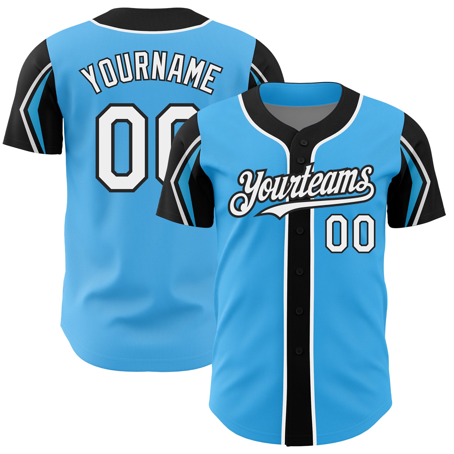 Custom Baseball Jersey with Personalized Name and Number, Sky Blue White-Black, 3 Colors, Authentic Arm Shapes Personalized