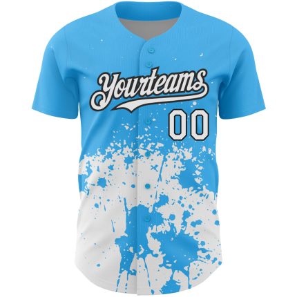 Custom Name and Number Baseball Jersey - Personalized Sky Blue Black 3D Pattern Abstract Splash Grunge Art Personalized Sky