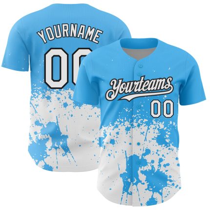 Custom Name and Number Baseball Jersey - Personalized Sky Blue Black 3D Pattern Abstract Splash Grunge Art Personalized Sky