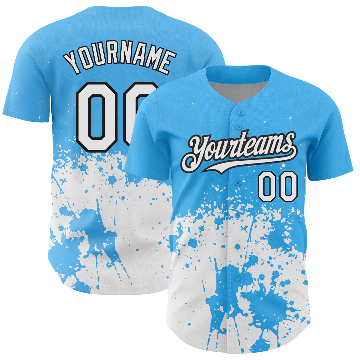 Custom Name and Number Baseball Jersey - Personalized Sky Blue Black 3D Pattern Abstract Splash Grunge Art Personalized Sky
