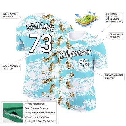 Custom Tiger Performance T-Shirt - Personalized Sky Blue 3D Pattern with Team Name & Number Personalized Sky Blue White-Black