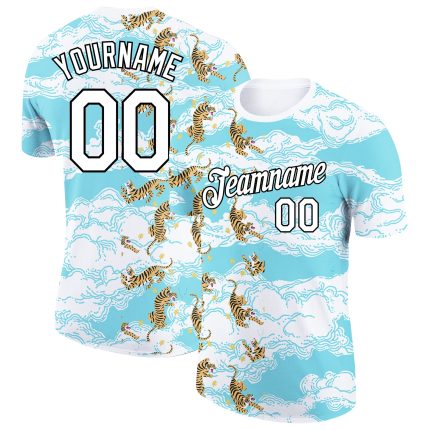 Custom Tiger Performance T-Shirt - Personalized Sky Blue 3D Pattern with Team Name & Number Personalized Sky Blue White-Black