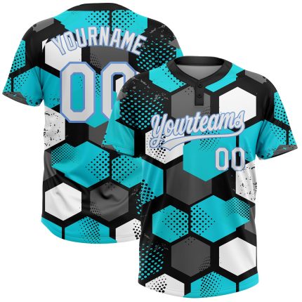 Custom Name Number Sky Blue Black White 3D Pattern Unisex Softball Jersey Two-Button Design Personalized Sky Blue White Black-Light