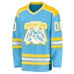 Custom Name and Number Hockey Jersey in Personalized Sky Blue and White-Gold Design Personalized Sky Blue White-Gold Hockey