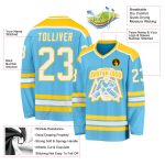 Custom Name and Number Hockey Jersey in Personalized Sky Blue and White-Gold Design Personalized Sky Blue White-Gold Hockey