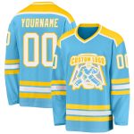 Custom Name and Number Hockey Jersey in Personalized Sky Blue and White-Gold Design Personalized Sky Blue White-Gold Hockey