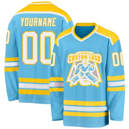 Custom Name and Number Hockey Jersey in Personalized Sky Blue and White-Gold Design Personalized Sky Blue White-Gold Hockey