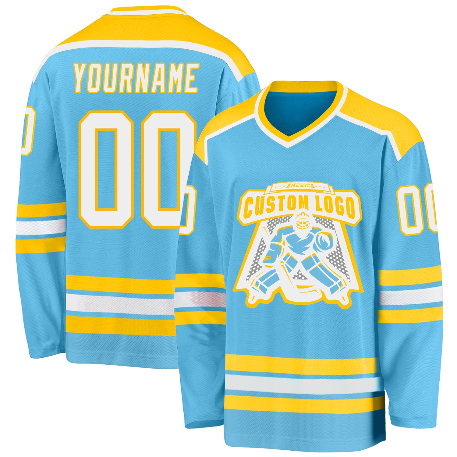 Custom Name and Number Hockey Jersey in Personalized Sky Blue and White-Gold Design Personalized Sky Blue White-Gold Hockey