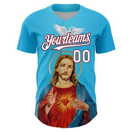 Personalized Jesus Christ Virgin Mary Baseball Jersey Custom Name Number 3D Sky Blue White Maroon Pattern Design Authentic