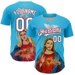 Personalized Jesus Christ Virgin Mary Baseball Jersey Custom Name Number 3D Sky Blue White Maroon Pattern Design Authentic