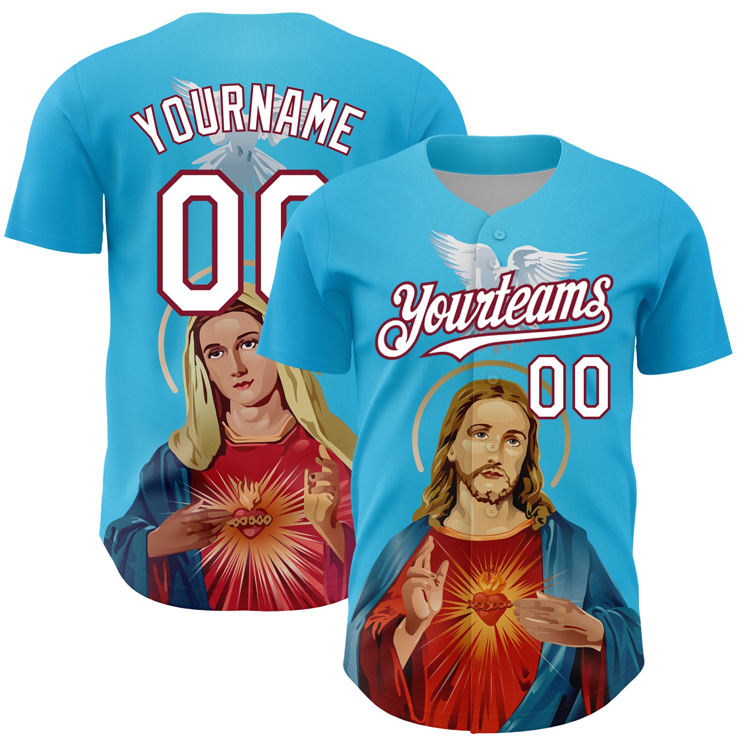 Personalized Jesus Christ Virgin Mary Baseball Jersey Custom Name Number 3D Sky Blue White Maroon Pattern Design Authentic