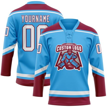 Custom Name and Number Hockey Jersey - Personalized Sky Blue White-Maroon Lace Neck Team Apparel Personalized Sky Blue White-Maroon