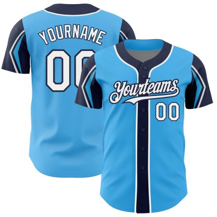 Custom Baseball Jersey with Personalized Name & Number, Sky Blue White Navy Colors, 3 Arm Shapes - Authentic Team Apparel