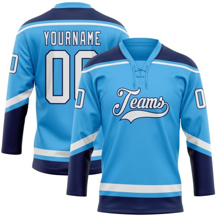 Custom Name and Number Sky Blue White-Navy Hockey Jersey - Personalized Lace Neck Team Apparel Personalized Sky Blue White-Navy