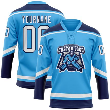 Custom Name and Number Sky Blue White-Navy Hockey Jersey - Personalized Lace Neck Team Apparel Personalized Sky Blue White-Navy