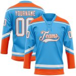 Custom Name and Number Sky Blue White-Orange Hockey Jersey with Lace Neck - Personalized Team Jersey Personalized Sky Blue