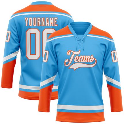 Custom Name and Number Sky Blue White-Orange Hockey Jersey with Lace Neck - Personalized Team Jersey Personalized Sky Blue