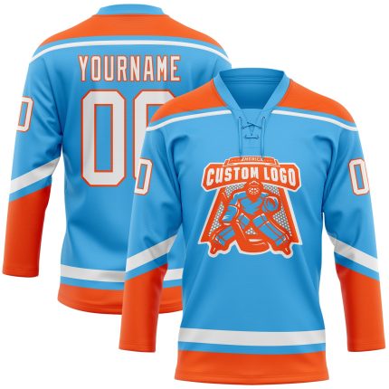 Custom Name and Number Sky Blue White-Orange Hockey Jersey with Lace Neck - Personalized Team Jersey Personalized Sky Blue