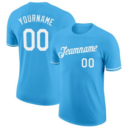 Custom Team Name and Number Performance T-Shirt in Sky Blue and White - Personalized Athletic Tee Personalized Sky Blue White