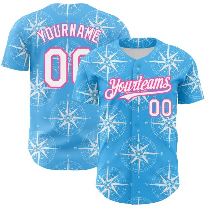 Custom Name & Number Navigation Compass 3D Pattern Baseball Jersey - Personalized Sky Blue White-Pink Design Personalized