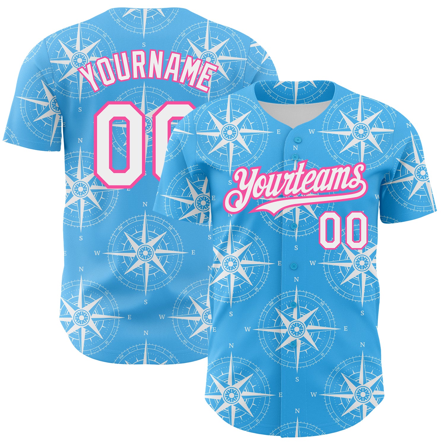 Custom Name & Number Navigation Compass 3D Pattern Baseball Jersey - Personalized Sky Blue White-Pink Design Personalized