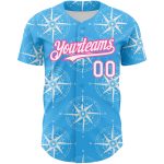 Custom Name & Number Navigation Compass 3D Pattern Baseball Jersey - Personalized Sky Blue White-Pink Design Personalized