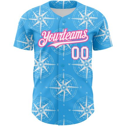 Custom Name & Number Navigation Compass 3D Pattern Baseball Jersey - Personalized Sky Blue White-Pink Design Personalized