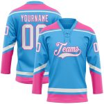 Custom Name and Number Sky Blue Pink Hockey Lace Neck Jersey - Personalized Team Apparel Personalized Sky Blue White-Pink