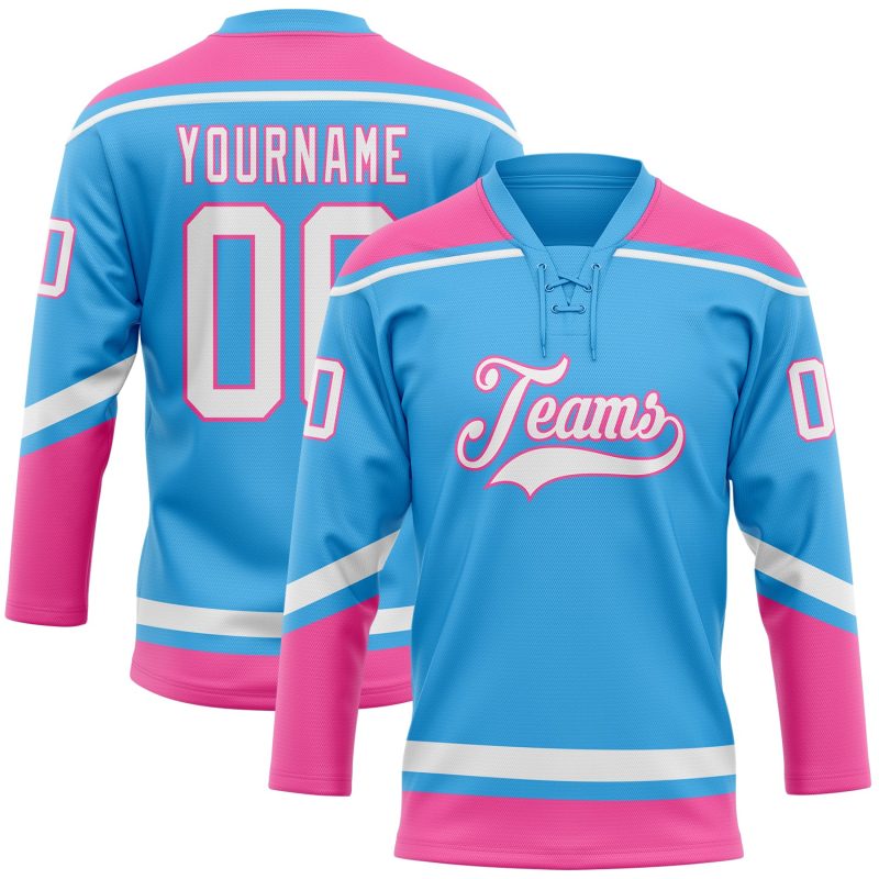 Custom Name and Number Sky Blue Pink Hockey Lace Neck Jersey - Personalized Team Apparel Personalized Sky Blue White-Pink