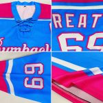 Custom Name and Number Sky Blue Pink Hockey Lace Neck Jersey - Personalized Team Apparel Personalized Sky Blue White-Pink