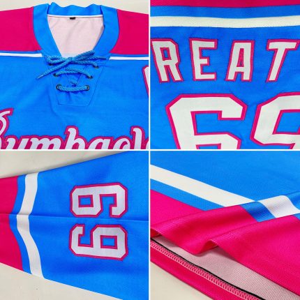 Custom Name and Number Sky Blue Pink Hockey Lace Neck Jersey - Personalized Team Apparel Personalized Sky Blue White-Pink