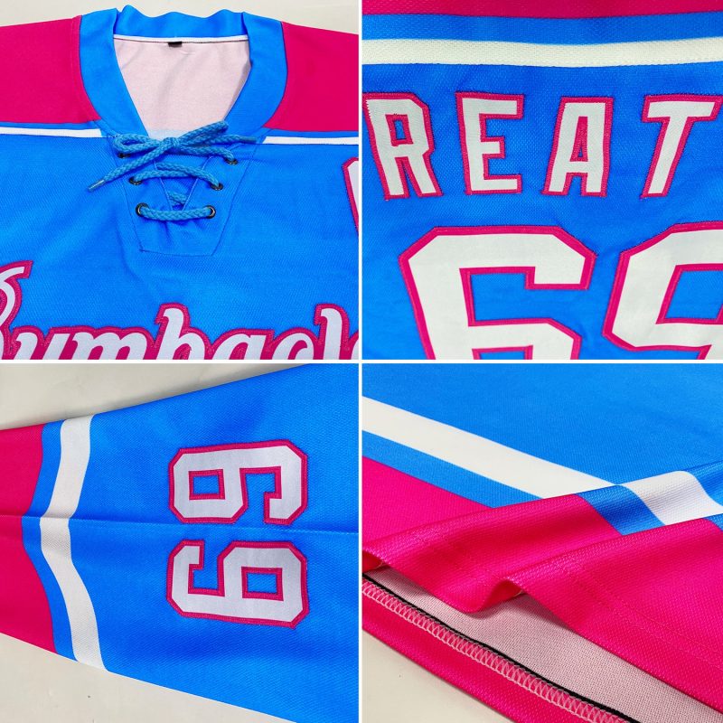 Custom Name and Number Sky Blue Pink Hockey Lace Neck Jersey - Personalized Team Apparel Personalized Sky Blue White-Pink