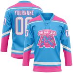 Custom Name and Number Sky Blue Pink Hockey Lace Neck Jersey - Personalized Team Apparel Personalized Sky Blue White-Pink
